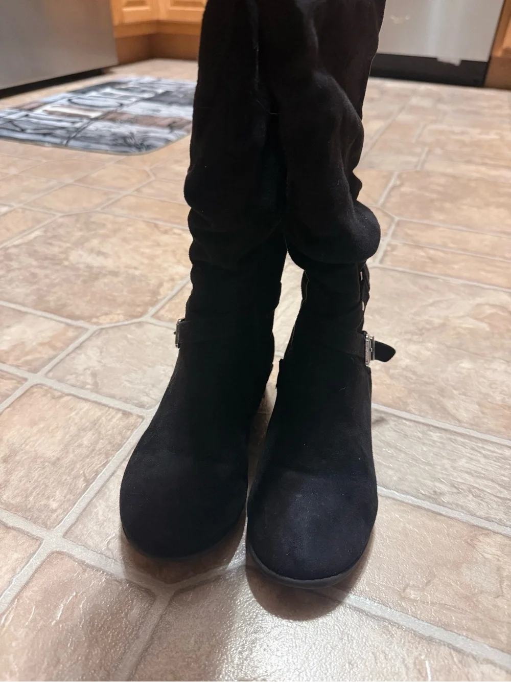 Black Suede Knee-High Wedge Boots with Buckle